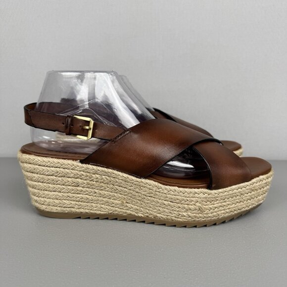 Naturalizer Oak Leather Open Toe Wedge Espadrilles Sandals Brown Womens 11 W - Picture 1 of 9